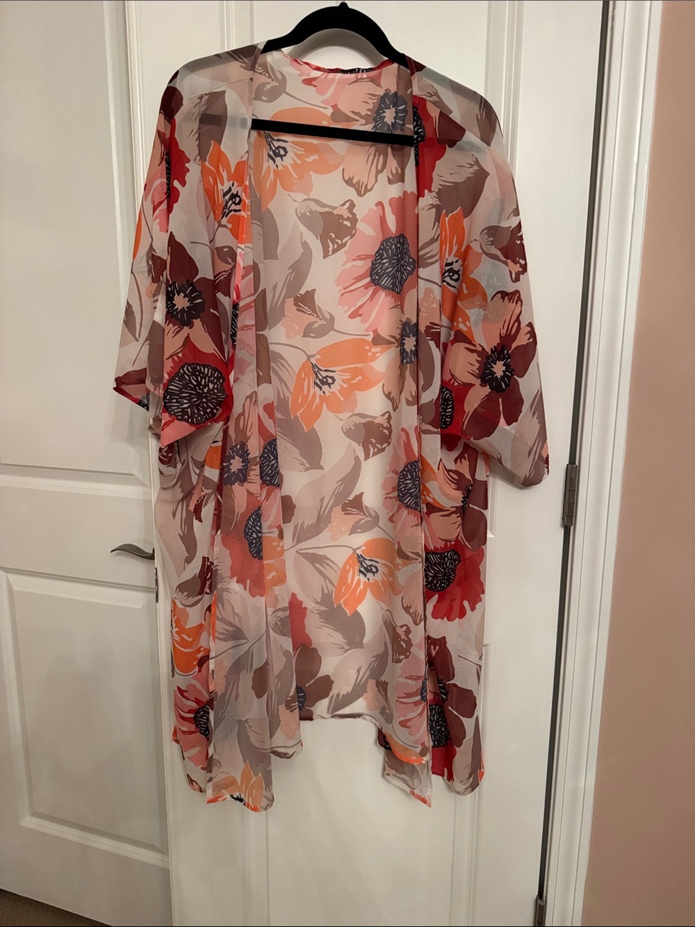 Lightweight Floral Kimono Jacket in Coral & Rust